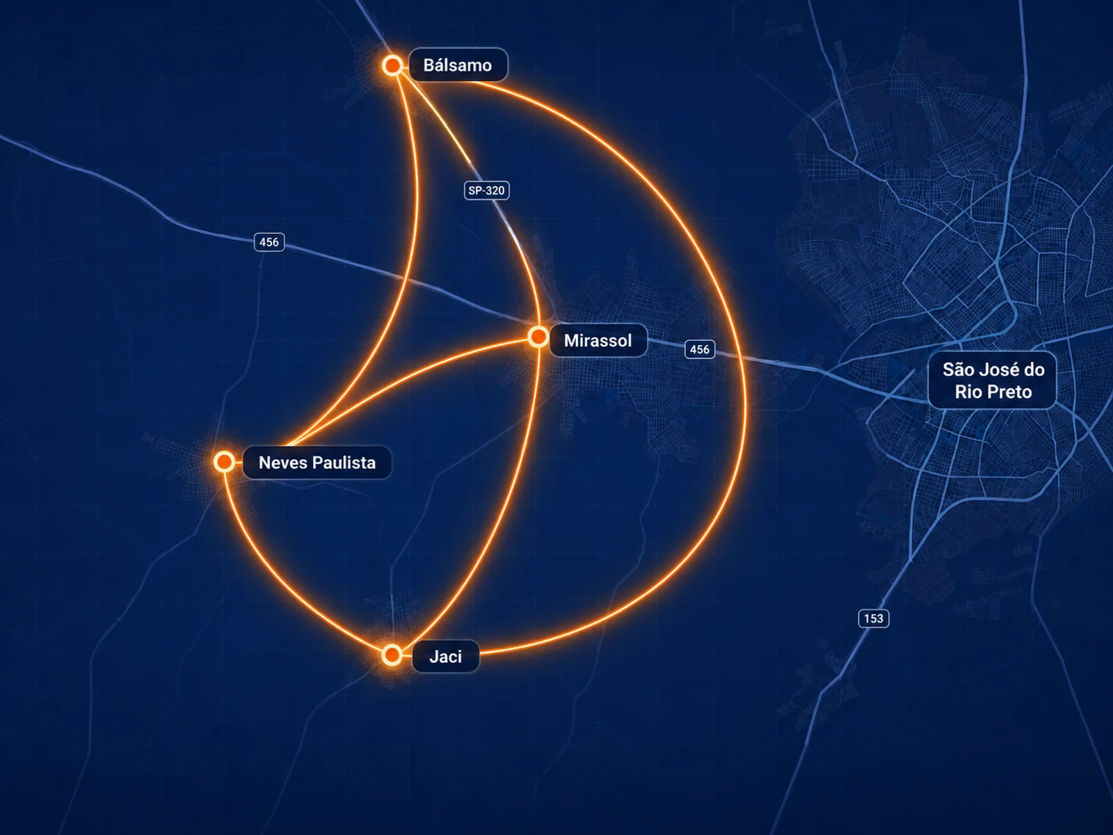 Mapa ilustrativo da cobertura da Opção Net em Mirassol, Jaci, Neves Paulista e Bálsamo