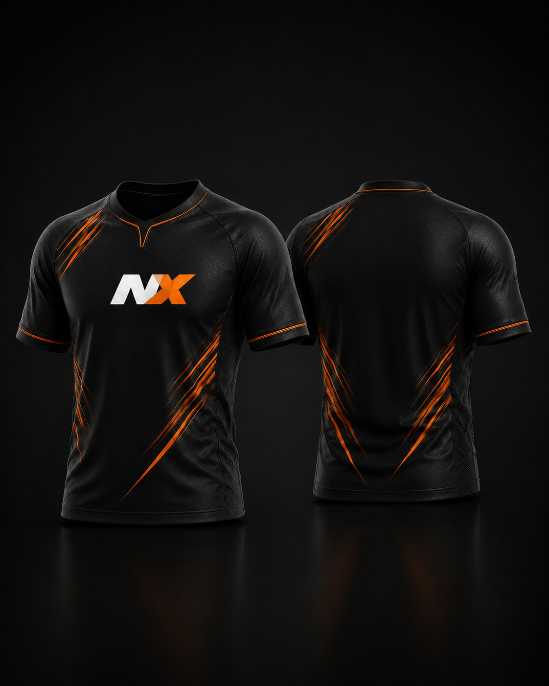 Uniforme oficial preto e laranja da NEX Gaming