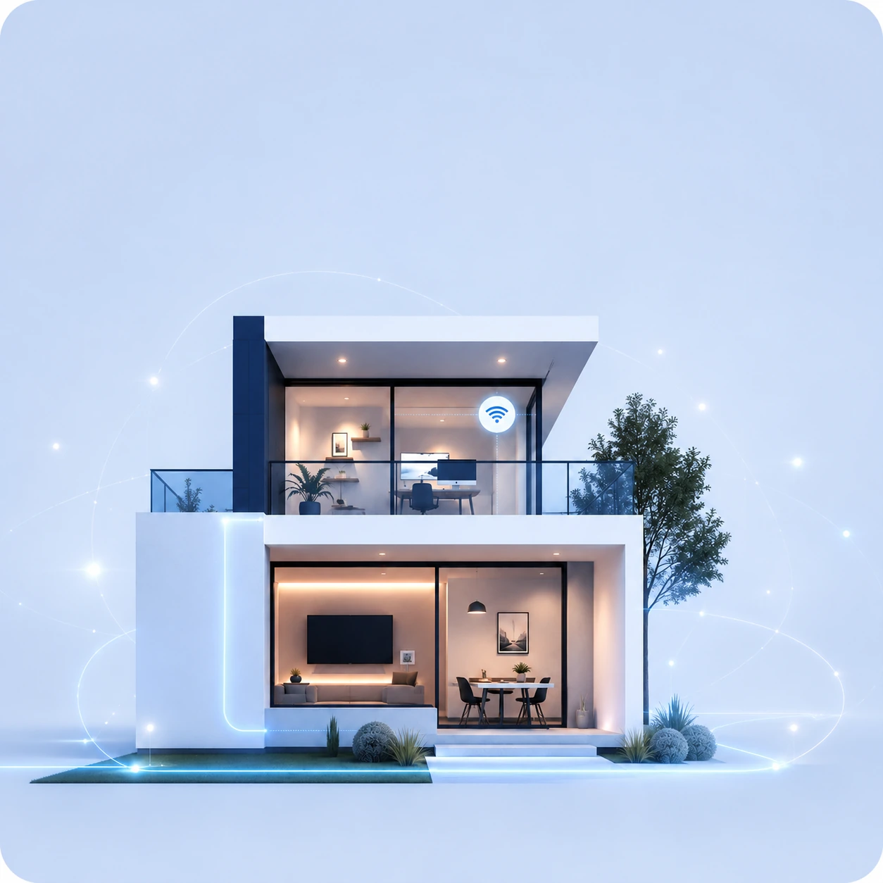 Casa moderna conectada à fibra óptica, com elementos de conectividade ao redor da residência.